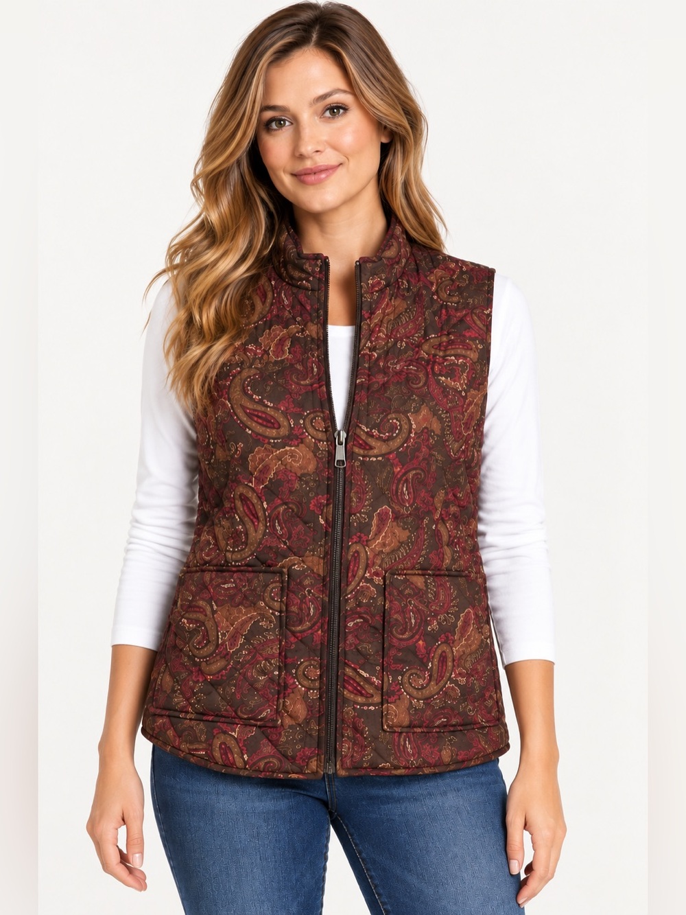 J. Jill Heritage Quilted Zip Vest Burgundy Brown Size Large